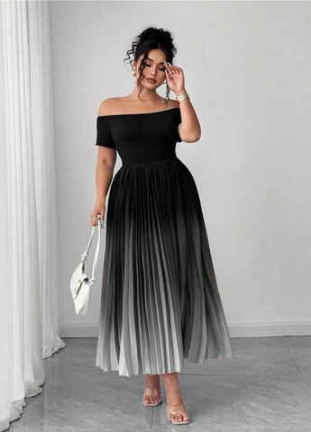 Комбинированное праздничный, вечернее, кэжуал платье с открытыми плечами, плиссированное SHEIN градиентное ("омбре")