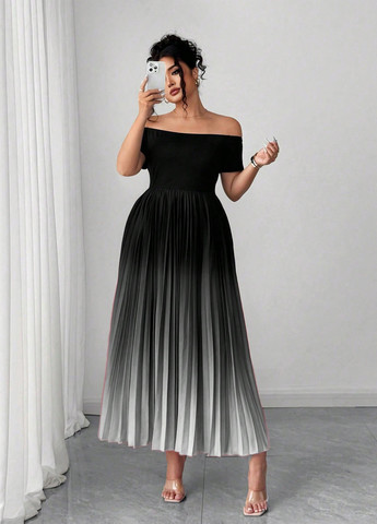 Комбинированное праздничный, вечернее, кэжуал платье с открытыми плечами, плиссированное SHEIN градиентное ("омбре")