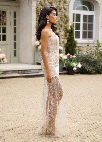 Бежева святковий, коктейльна сукня з відкритими плечима Gepur однотонна