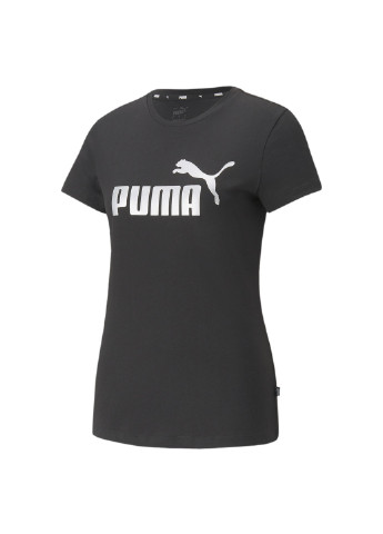 Футболка Essentials+ Metallic Logo Women's Tee Puma однотонная чёрная спортивная хлопок