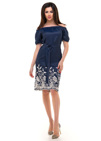 Темно-синее кэжуал платье с открытыми плечами Olsa с цветочным принтом