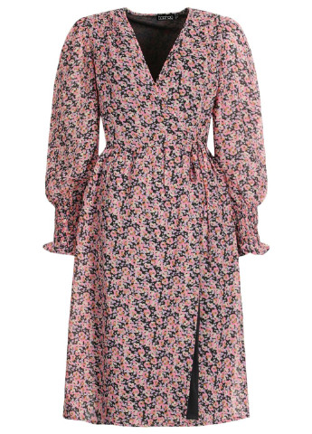 Розово-коричневое кэжуал платье на запах Boohoo с цветочным принтом