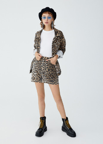 Коричневая кэжуал леопардовая юбка Pull & Bear карандаш