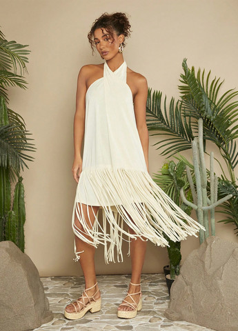 Кремова святковий, кежуал сукня а-силует, з відкритою спиною SHEIN однотонна