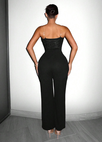 Комбінезон SHEIN однотонний чорний вечірній, коктейльний поліестер