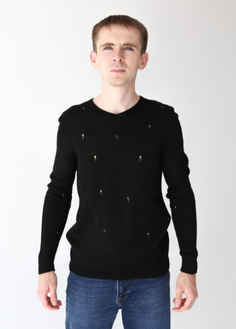 Чорний демісезонний джемпер чоловічий чорний в'язаний приталений пуловер Lagos Приталенная