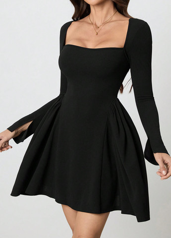 Черное кэжуал платье а-силуэт SHEIN однотонное