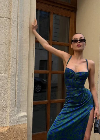Синя вечірня, кежуал сукня з відкритою спиною Fashion з квітковим принтом