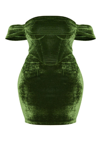 Оливковое (хаки) коктейльное платье с корсетом, с открытыми плечами PrettyLittleThing однотонное