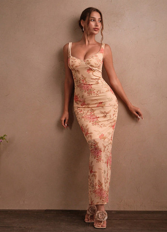 Кремовое кэжуал платье с открытыми плечами SHEIN с цветочным принтом