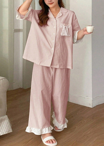 Розовая всесезон пижама (рубашка, брюки) рубашка + брюки SHEIN