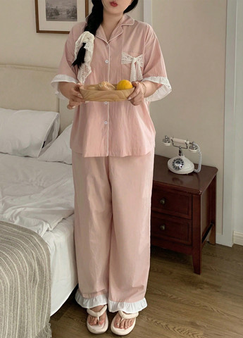 Розовая всесезон пижама (рубашка, брюки) рубашка + брюки SHEIN