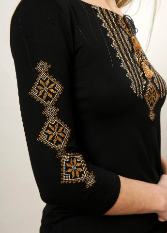 Женская вышитая футболка Гуцулка черная с коричневой вышивкой Melanika (250206184)