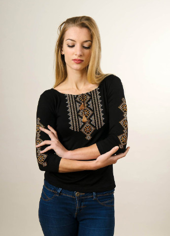 Жіноча вишита футболка Гуцулка чорна з коричневою вишивкою Melanika (250206184)