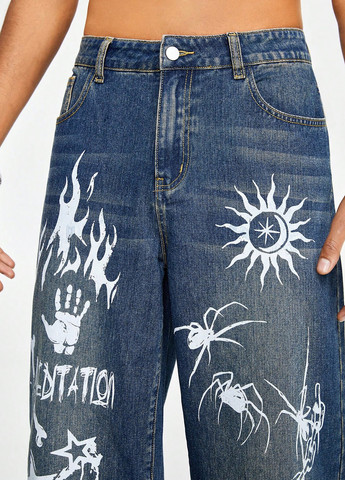 Синие демисезонные свободные джинсы SHEIN