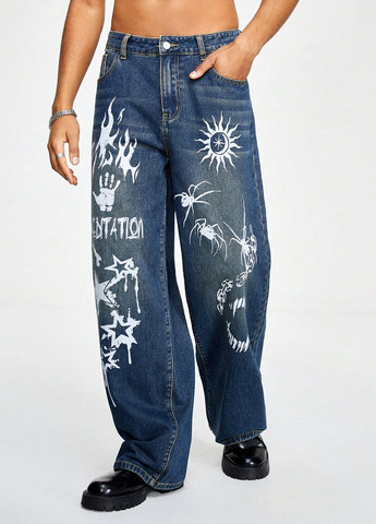 Синие демисезонные свободные джинсы SHEIN