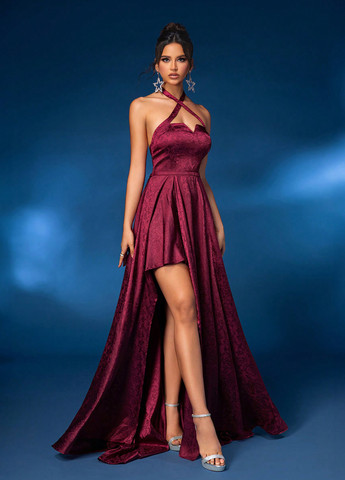 Бордова святковий, вечірня сукня кльош, з відкритою спиною SHEIN з квітковим принтом