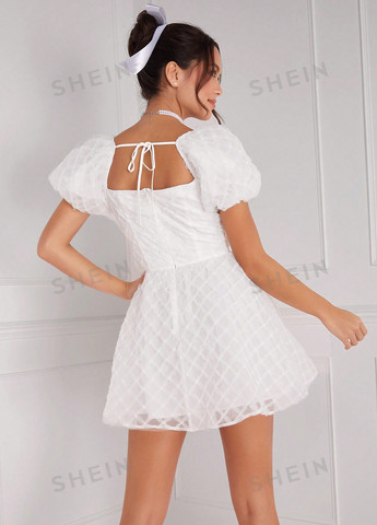 Білий кежуал сукня з пишною спідницею, кльош SHEIN однотонна