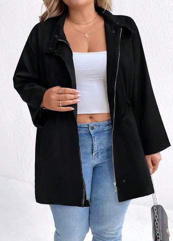 Черное Кэжуал полупальто однобортное SHEIN однотонное
