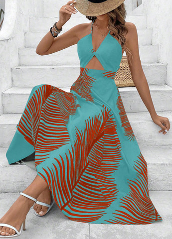 Бірюзова кежуал сукня з відкритою спиною SHEIN з малюнком