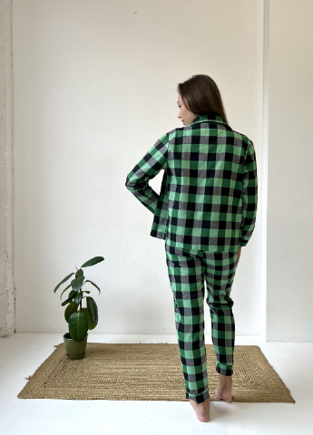 Зеленая зимняя домашняя женская пижама в клетку зелено/черная (рубашка+штани) Cosy
