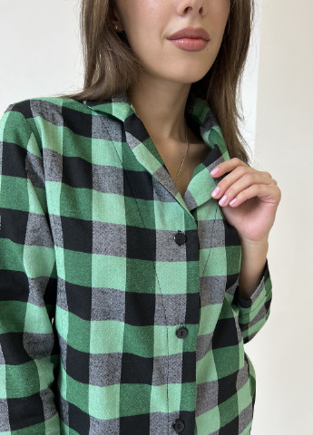 Зеленая зимняя домашняя женская пижама в клетку зелено/черная (рубашка+штани) Cosy