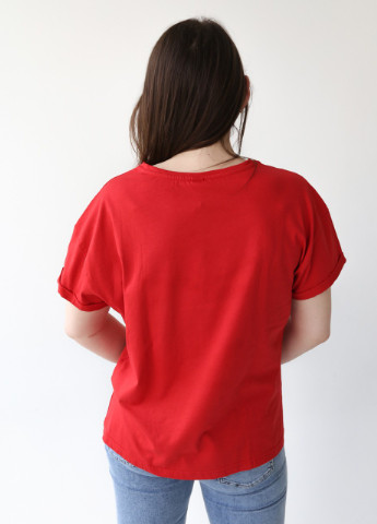 Червона всесезон футболка жіноча червона тонка з широким принтом з коротким рукавом MDG Свободная