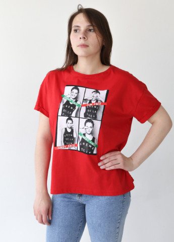 Красная всесезон футболка женская красная тонкая с принтом широкая с коротким рукавом MDG Свободная