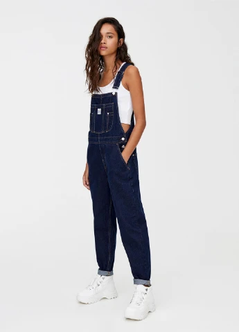 Комбинезон Pull & Bear комбинезон-брюки однотонный тёмно-синий денил хлопок