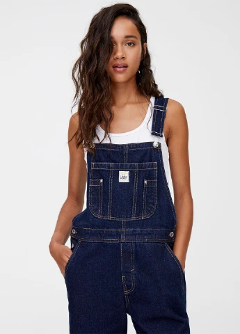 Комбинезон Pull & Bear комбинезон-брюки однотонный тёмно-синий денил хлопок