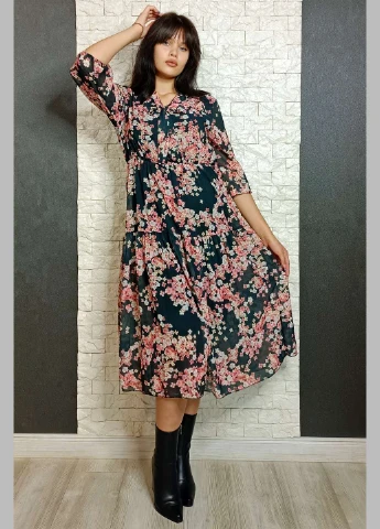 Темно-зелена кежуал сукня а-силует Moda з квітковим принтом
