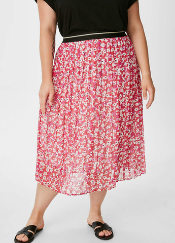 Розовая кэжуал цветочной расцветки юбка C&A клешированная, плиссе