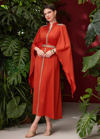 Коралова коктейльна, кежуал сукня кльош, сукня-кейп SHEIN однотонна