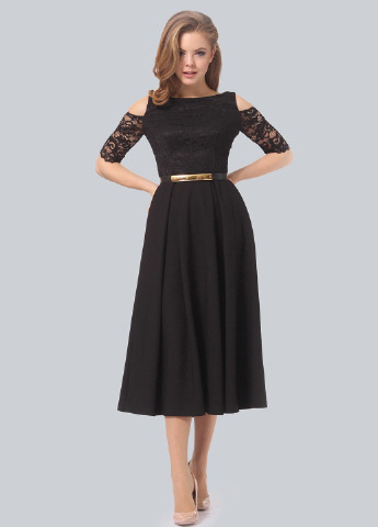 Черное кэжуал платье с открытыми плечами Lila Kass однотонное