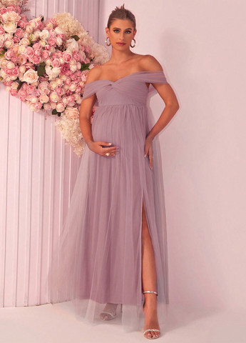 Светло-лиловое вечернее, праздничный платье для беременных с открытыми плечами, с пышной юбкой SHEIN однотонное