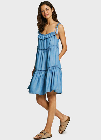 Синее кэжуал платье с открытыми плечами Pepe Jeans однотонное