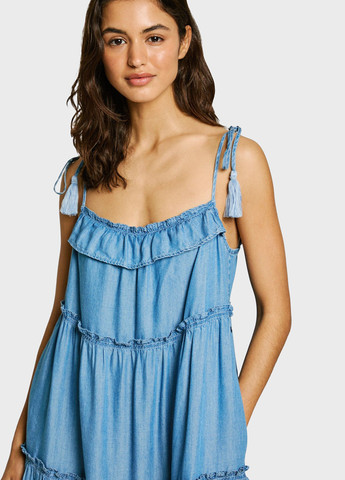 Синее кэжуал платье с открытыми плечами Pepe Jeans однотонное