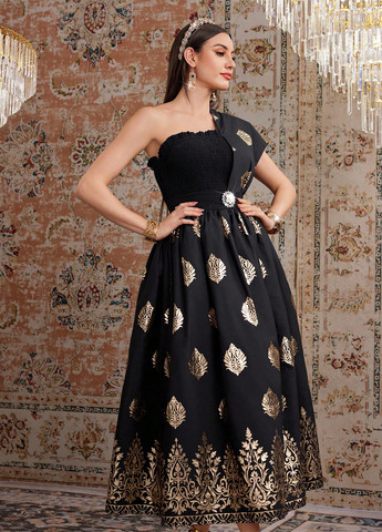 Чорна коктейльна, вечірня сукня на одне плече SHEIN з орнаментом