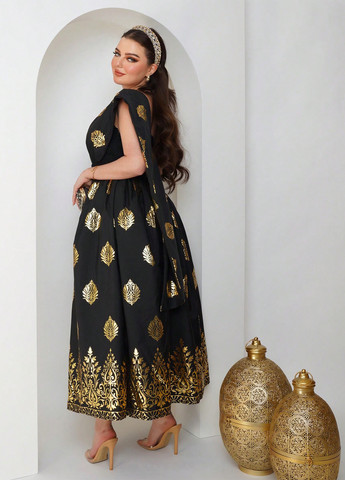 Чорна коктейльна, вечірня сукня на одне плече SHEIN з орнаментом