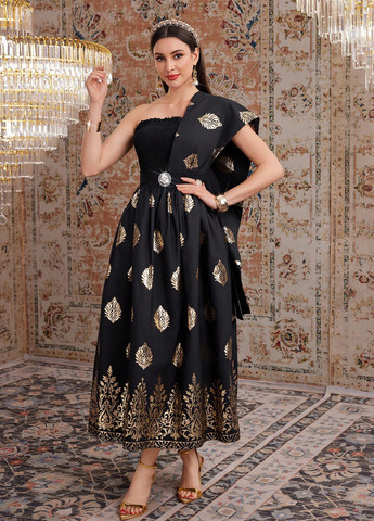 Чорна коктейльна, вечірня сукня на одне плече SHEIN з орнаментом