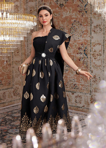 Чорна коктейльна, вечірня сукня на одне плече SHEIN з орнаментом