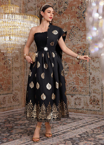 Чорна коктейльна, вечірня сукня на одне плече SHEIN з орнаментом