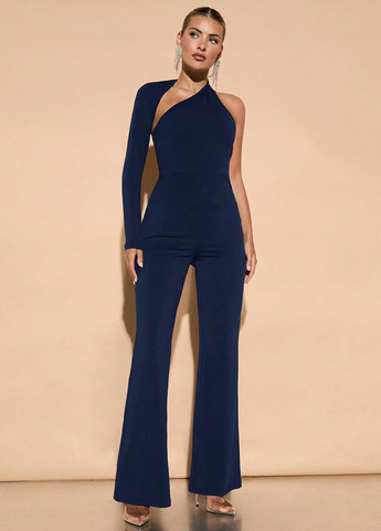 Комбинезон SHEIN комбинезон-брюки однотонный тёмно-синий вечерний полиэстер, трикотаж