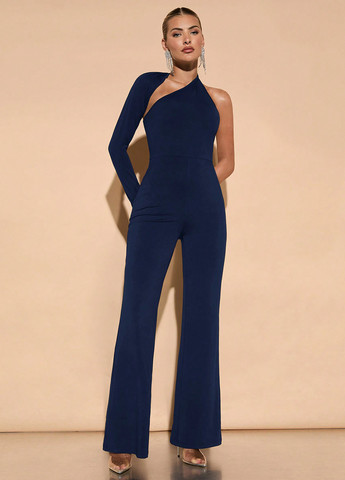 Комбинезон SHEIN комбинезон-брюки однотонный тёмно-синий вечерний полиэстер, трикотаж