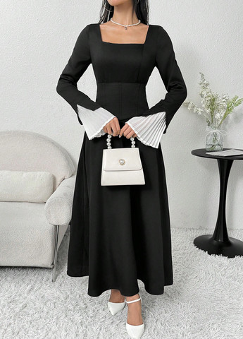 Чорна кежуал, вечірня сукня кльош SHEIN однотонна