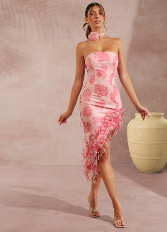 Светло-розовое вечернее платье силуэтная, с открытыми плечами, с открытой спиной SHEIN с цветочным принтом