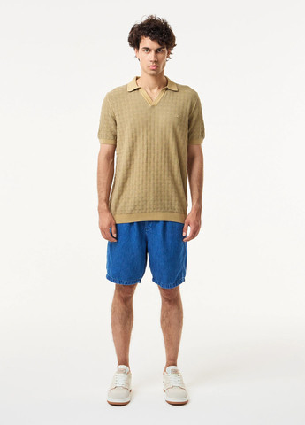 Бежевая футболка-поло для мужчин Lacoste с геометрическим узором