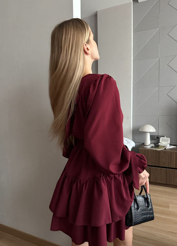 Бордовое кэжуал платье клеш, на запах No Brand однотонное