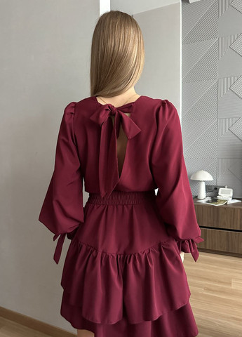 Бордовое кэжуал платье клеш, на запах No Brand однотонное