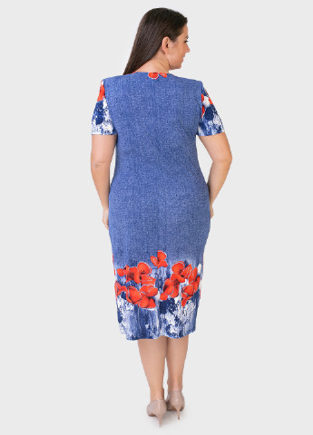 Блакитна кежуал плаття трикотажне блакитне з принтом червоні маки art 00029 BABOCHKA XL Collection з квітковим принтом